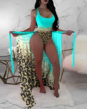 2023 Летни нови модни секси дамски бански костюм без ръкави с контрастни леопардовым принтом, цели бански, празнична плажно облекло Изображение