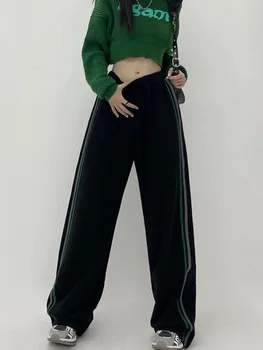 Jmprs Дамски градинска шарени дрехи спортни панталони с висока талия, корейски модни прави панталони, ежедневни дамски черни панталони в стил харадзюку дантела Изображение