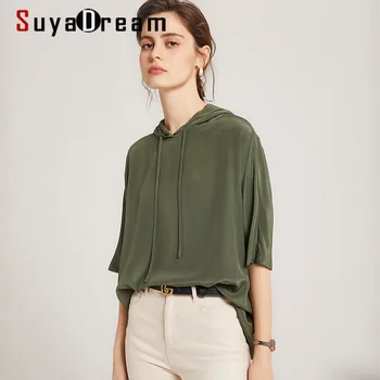 SuyaDream Woman 2021 Летни блузи от 100%копринен крепа с къс ръкав, блузи с качулка, ризи армейского зелен цвят Изображение