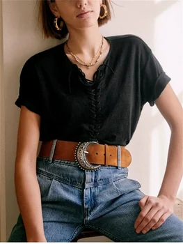 Женска тениска дантела с къс ръкав, с swirls по краищата, жените просто тениска с кръгло деколте, бял или черен топ Изображение
