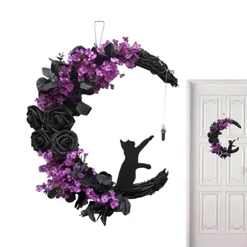 Лунен венец, черна трайно венец с котки, украса за входната врата, ръчна работа, черна котка, стенен декор, венец, готически рози, декорация за врата Изображение