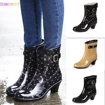 Пролетно-есенни ботильоны на високи токчета, женските модни непромокаеми обувки, дамски водоустойчив високи непромокаеми обувки, непромокаеми ботуши с подвижна стъкло Изображение
